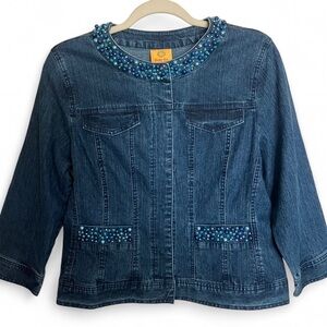 Ruby Rd denim pearl embellished button up jacket